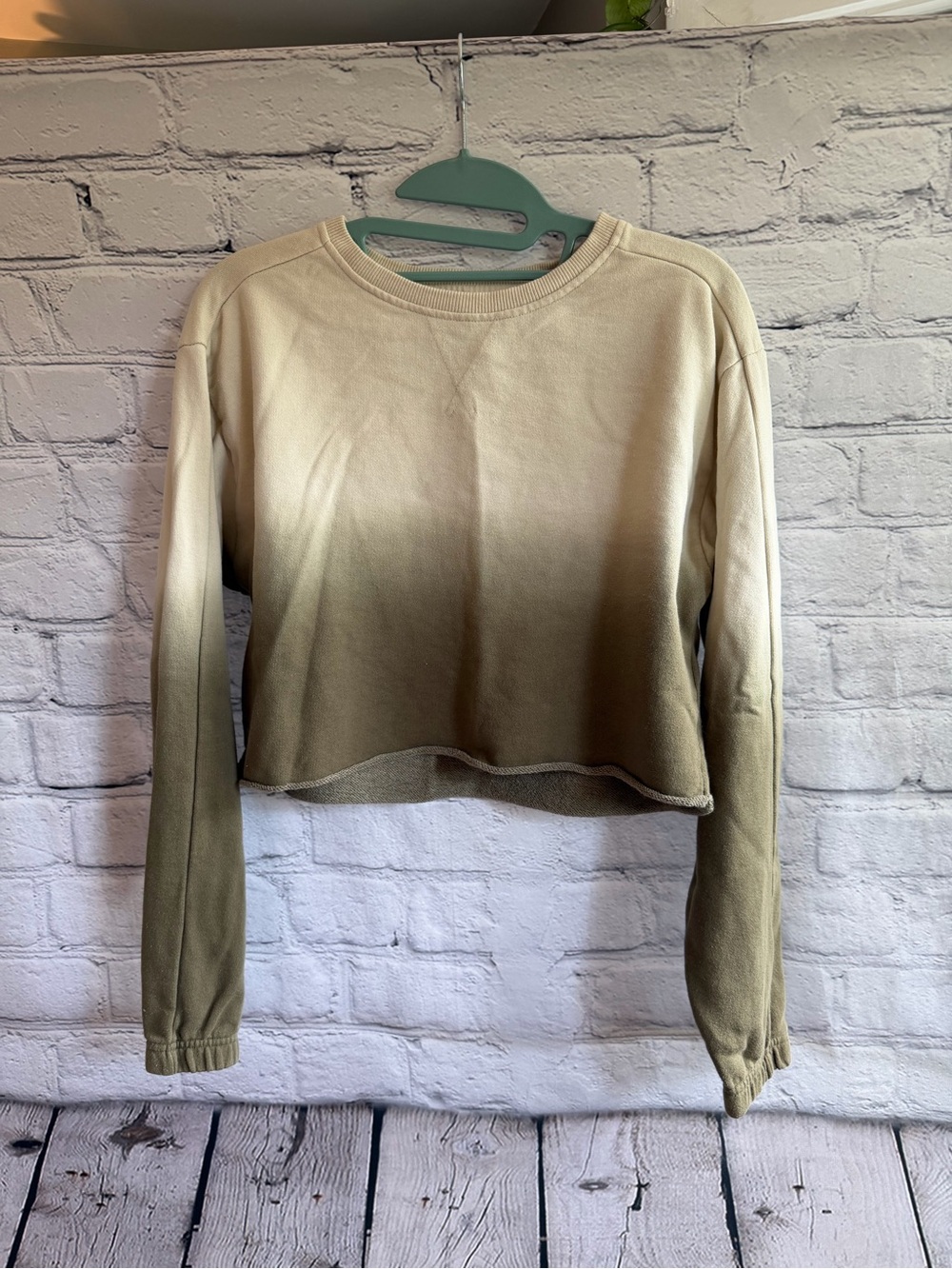 Cropped Ombre Crewneck Sweatshirt in Olive Green